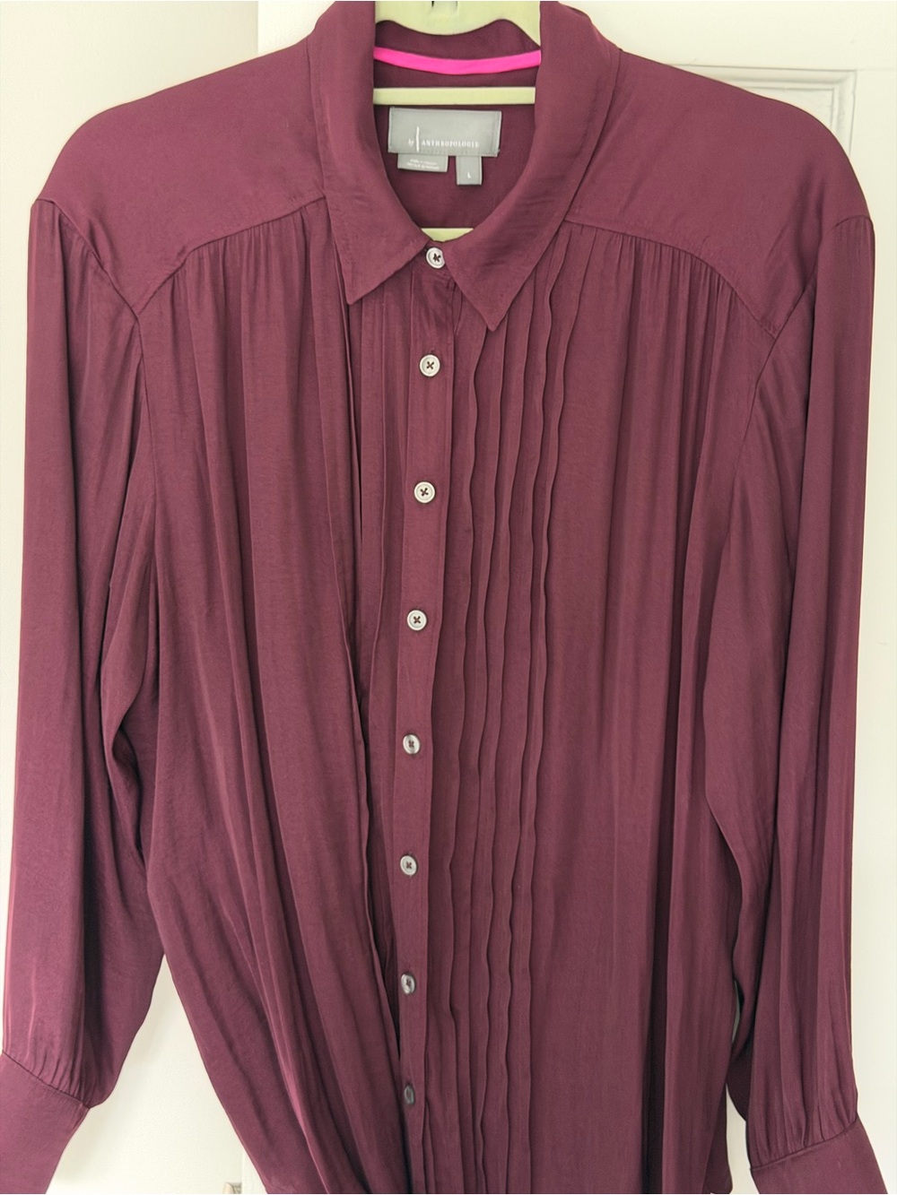 Anthropologie Tuxedo Blouse. burgundy. Pleated Button-Front Dress Shirt